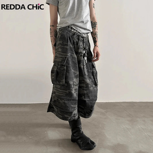 REDDACHiC Men Camouflage Denim Shorts Distressed