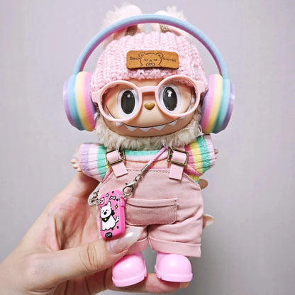 labubu clothes' new hot pink cargo pants, rainbow-colored pleated skirt clothing, colorful headphone sets, Labubu accessories