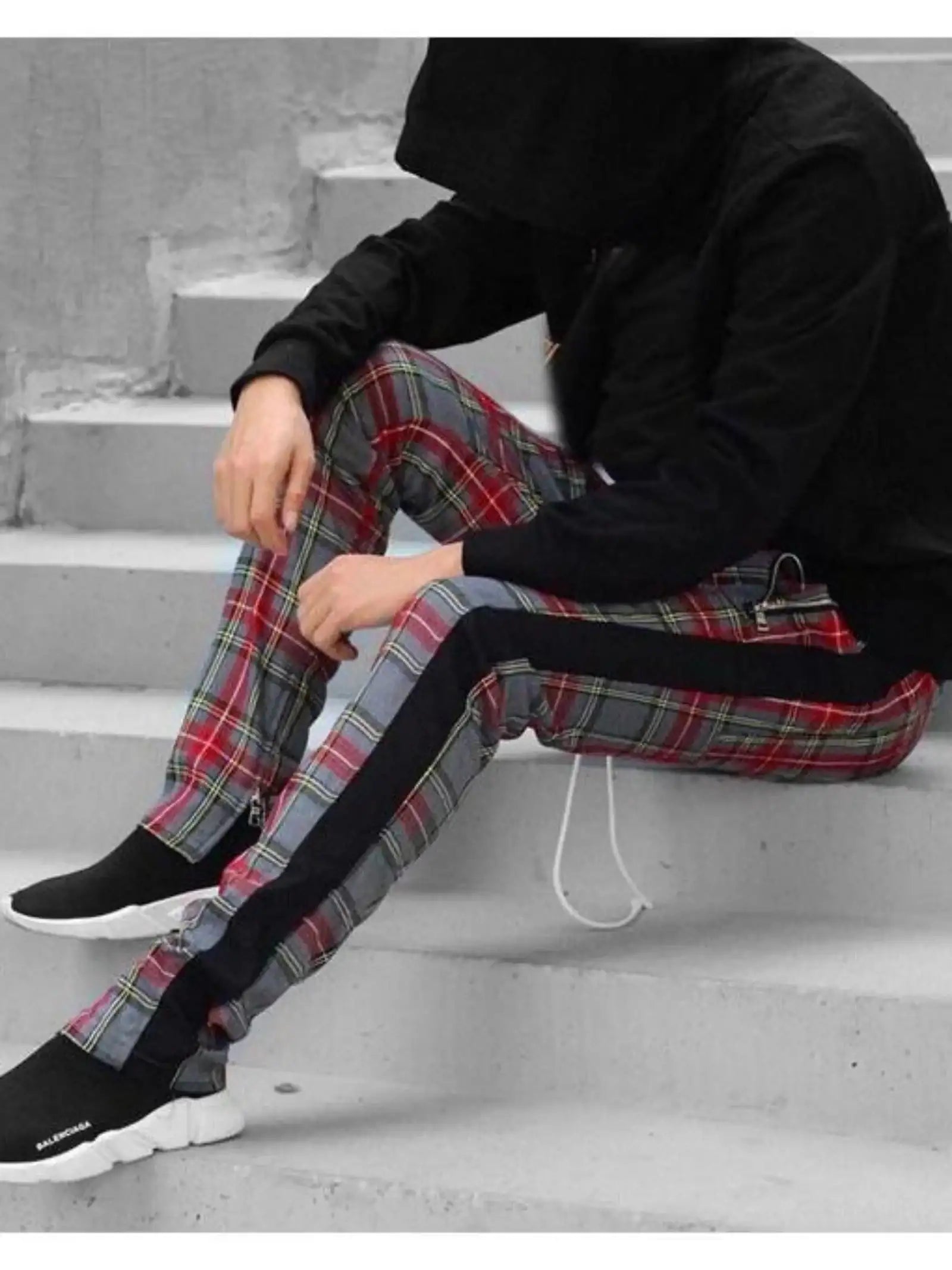 2024 Spring and Autumn hip hop pants Scottish lattice zipper slim pants men's casual pants elastic waist sports hipster men