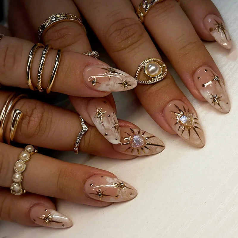 24Pcs Almond Press on Fake Nails 3D Flower - Hiddengem