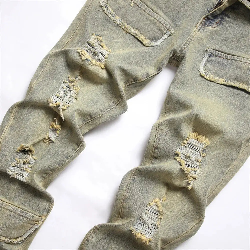 Streetwear Retro Style Men Ripped Spliced Slim Jeans
