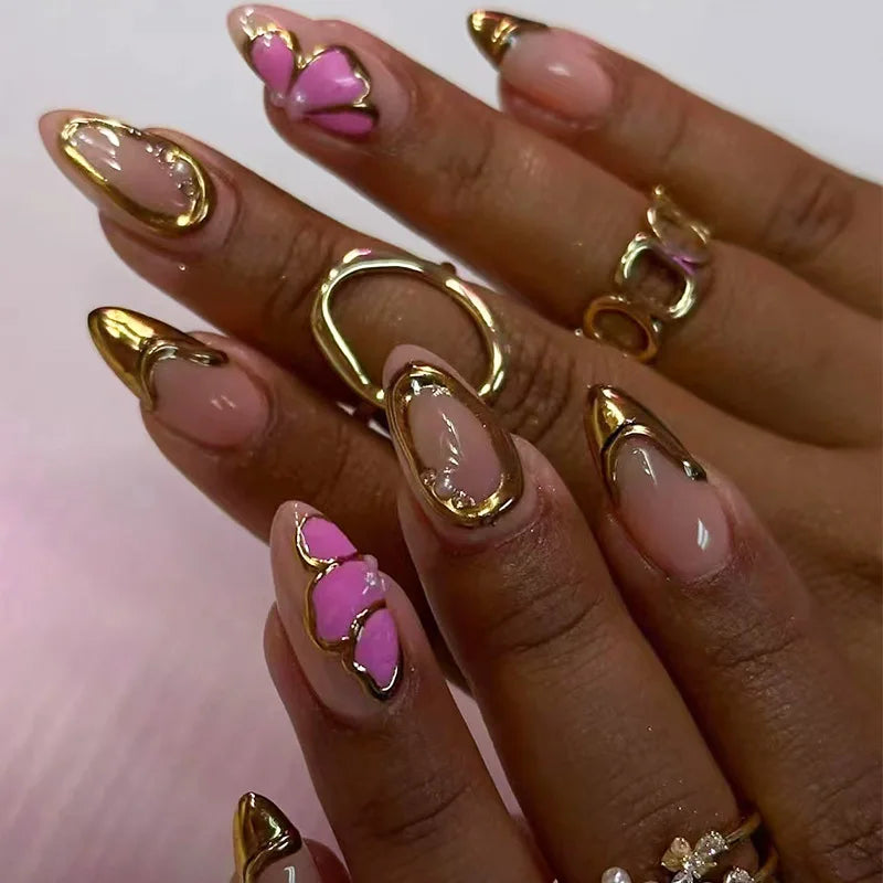 24Pcs Almond Press on Fake Nails 3D Flower - Hiddengem