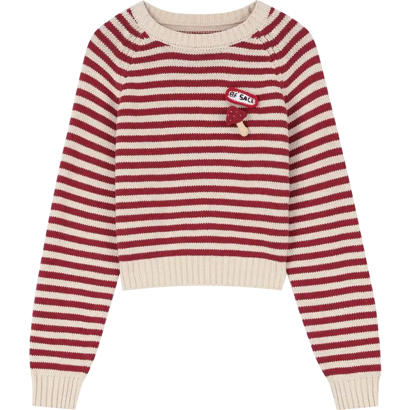 Casual Versatile Red Stripe Slim Fit Short Round Neck Sweater Women - Hiddengem