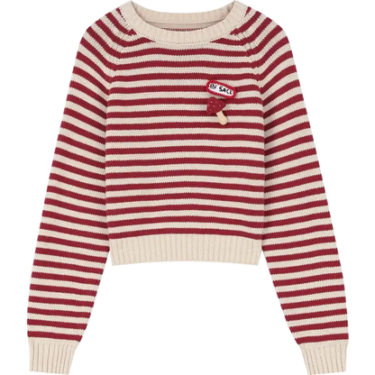 Casual Versatile Red Stripe Slim Fit Short Round Neck Sweater Women - Hiddengem