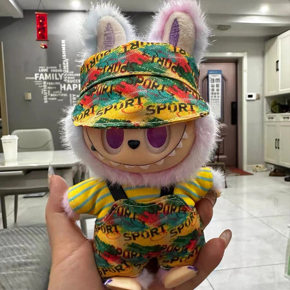 Labubu Clothing 15/17cm Fashion Printed Pants Fabric Clothing Cute Fashion Hat Overalls Toy For Labubu Accessories Birthday Gift