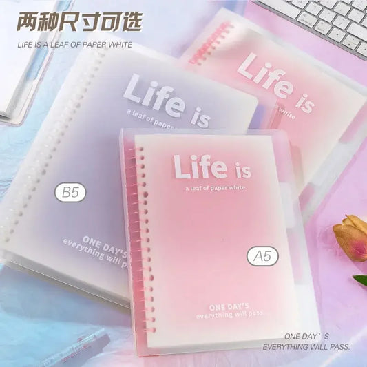 Three pastel-colored loose leaf journals with translucent covers labeled Life is, available in B5 and A5 sizes, placed on a light blue surface near a keyboard and a flower.