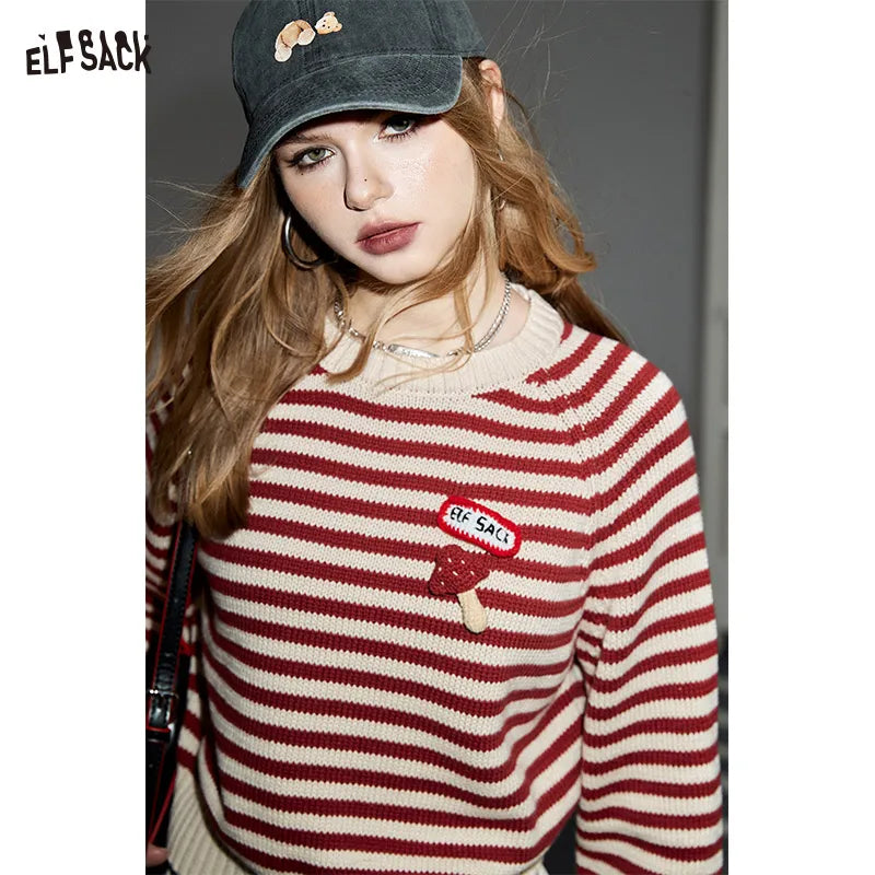 Casual Versatile Red Stripe Slim Fit Short Round Neck Sweater Women - Hiddengem