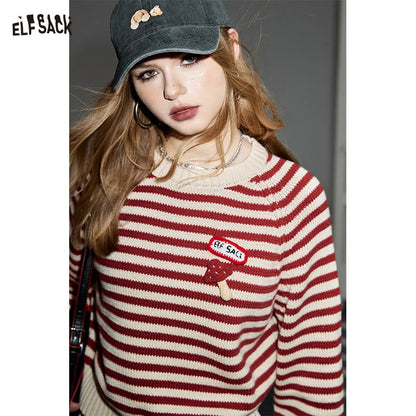 Casual Versatile Red Stripe Slim Fit Short Round Neck Sweater Women - Hiddengem