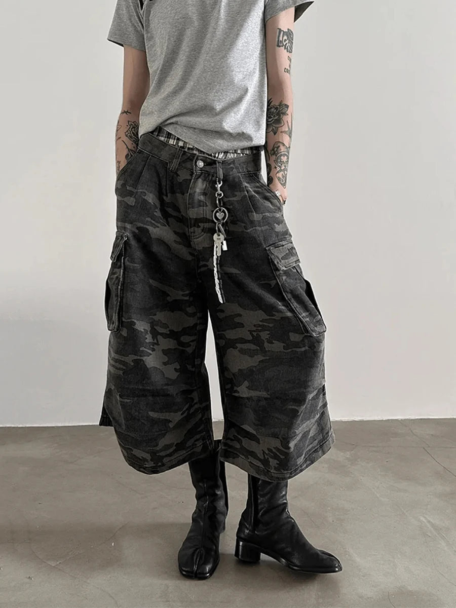 REDDACHiC Men Camouflage Denim Shorts Distressed