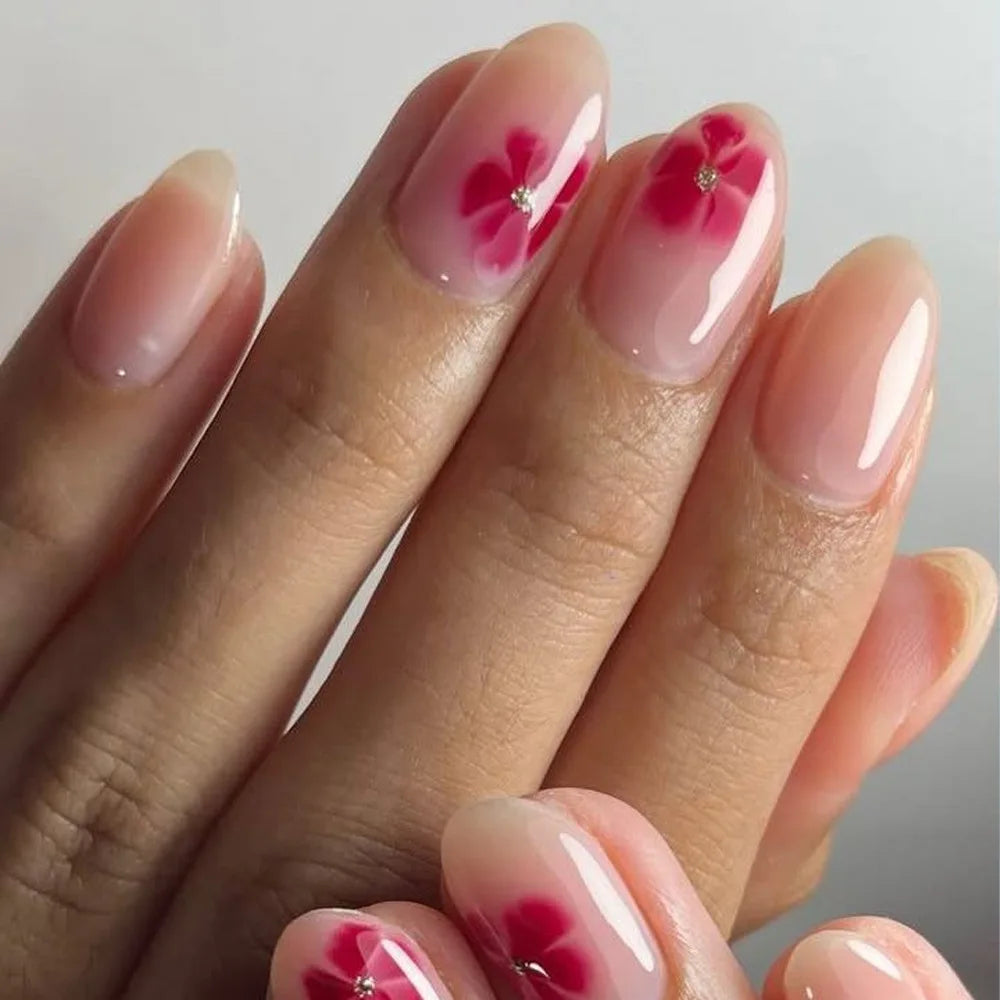 24Pcs Almond Press on Fake Nails 3D Flower - Hiddengem