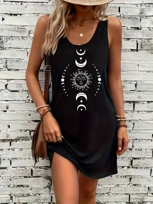 sun and moon pattern  sleeveless  dress punk style dress - Hiddengem