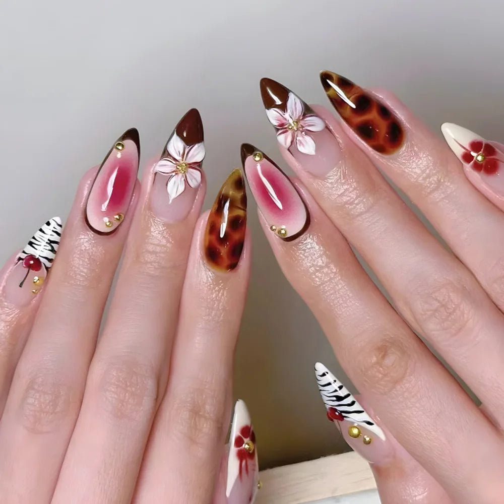 24Pcs Almond Press on Fake Nails 3D Flower - Hiddengem