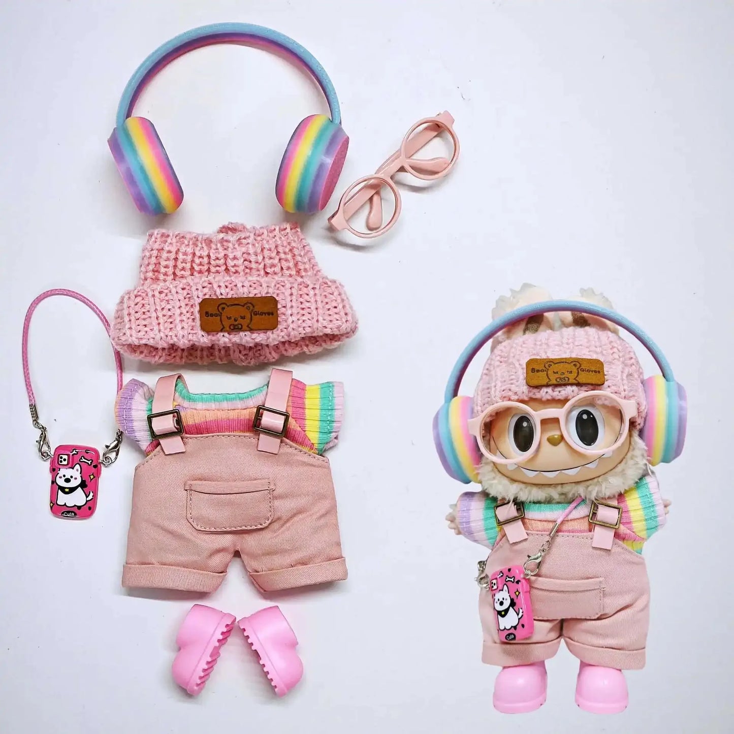 labubu clothes' new hot pink cargo pants, rainbow-colored pleated skirt clothing, colorful headphone sets, Labubu accessories