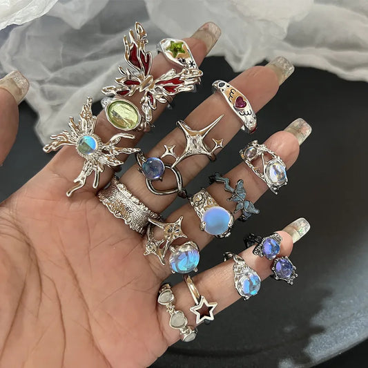 Crystal Rings Kpop Heart Punk Vintage Rings Set - Hiddengem
