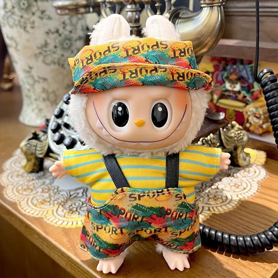 Labubu Clothing 15/17cm Fashion Printed Pants Fabric Clothing Cute Fashion Hat Overalls Toy For Labubu Accessories Birthday Gift
