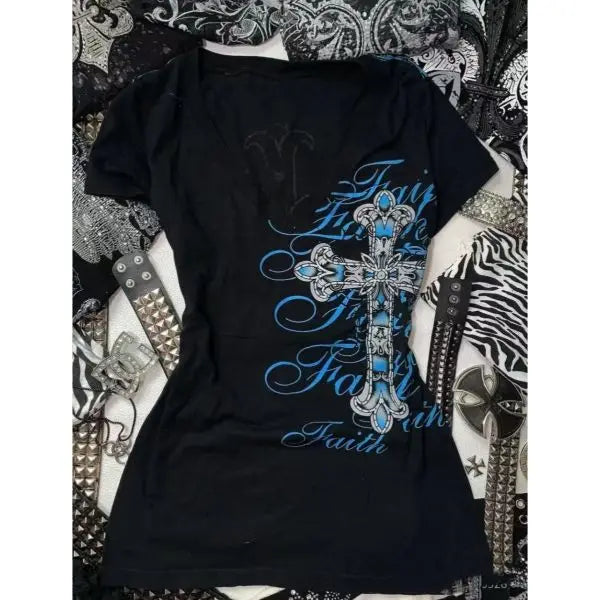 Streetwear Letter Cross Graphic T shirts - Hiddengem