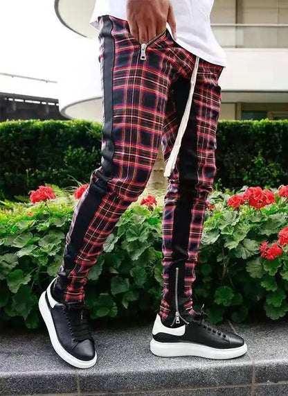 2024 Spring and Autumn hip hop pants Scottish lattice zipper slim pants men's casual pants elastic waist sports hipster men