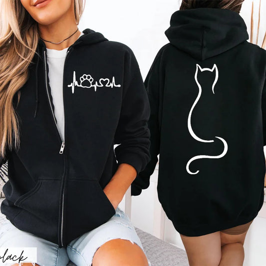 Black zip-up hoodie with cute white cat heartbeat design on front and white cat silhouette on back, casual women's slim fit sweatshirt with hood.