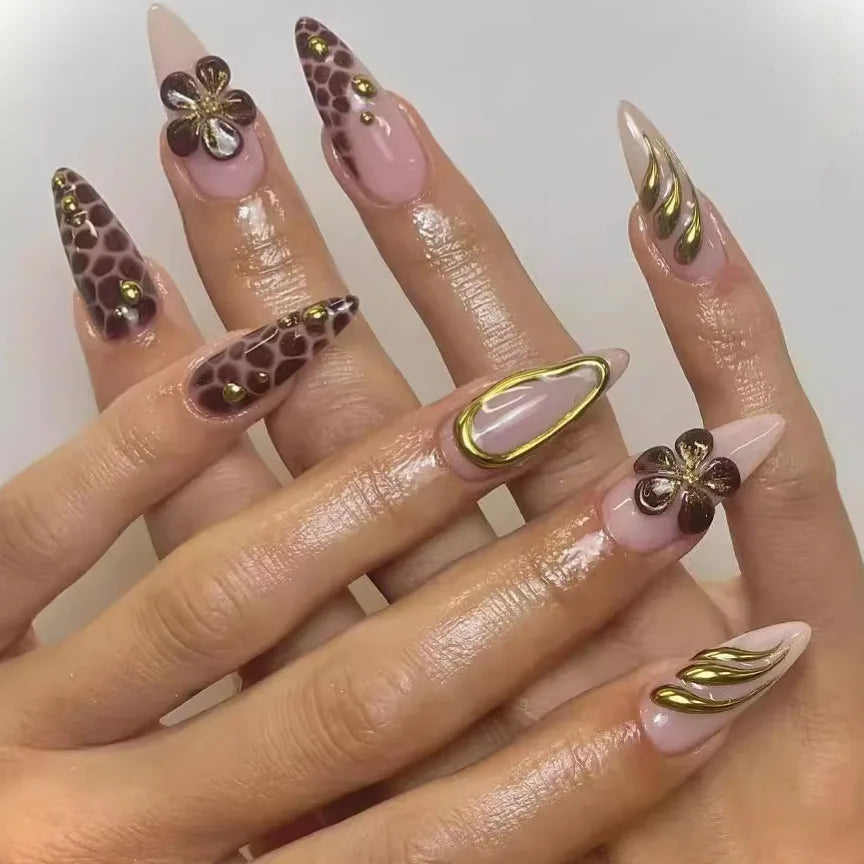 24Pcs Almond Press on Fake Nails 3D Flower - Hiddengem