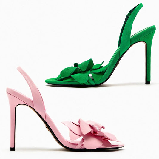 Pink Flower Decorated Goat Leather heels - Hiddengem