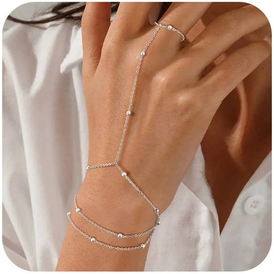 Minimalist Chain Finger Ring Bracelet - Vintage Ball Beads Jewelry - Hiddengem