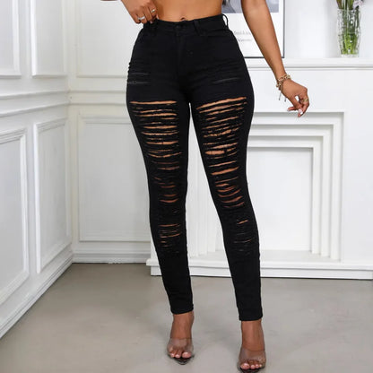 Elastic High Waisted Ripped Skinny Jeans - Hiddengem