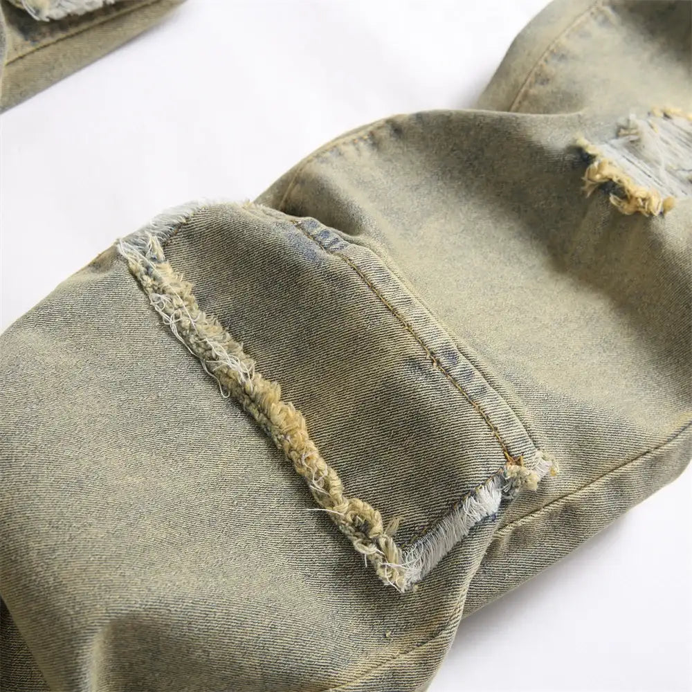 Streetwear Retro Style Men Ripped Spliced Slim Jeans