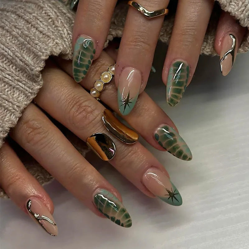 24Pcs Almond Press on Fake Nails 3D Flower - Hiddengem