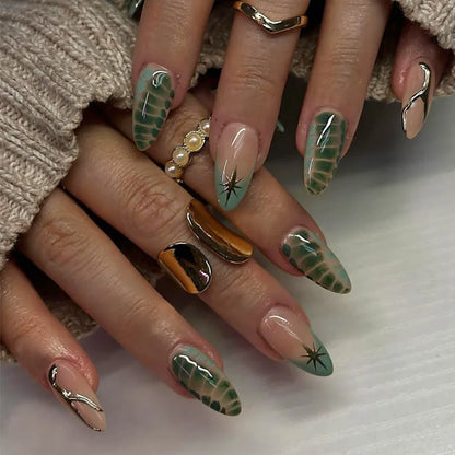 24Pcs Almond Press on Fake Nails 3D Flower - Hiddengem