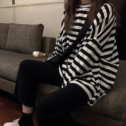 spring Autumn Women harajuku Striped Tshirt - Hiddengem