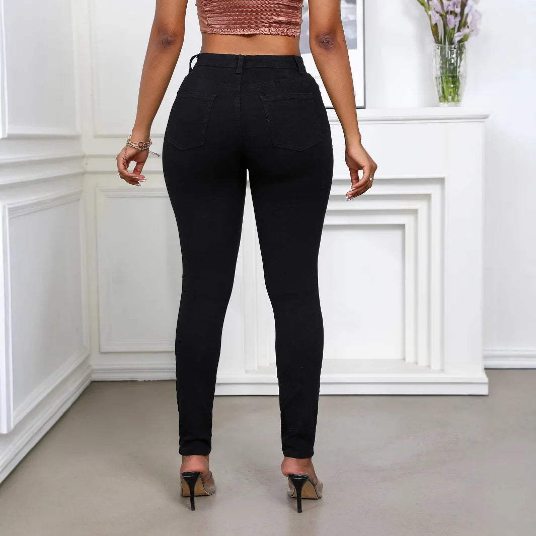 Elastic High Waisted Ripped Skinny Jeans - Hiddengem