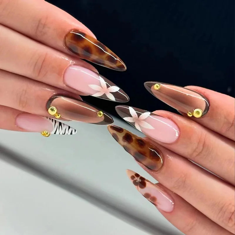 24Pcs Almond Press on Fake Nails 3D Flower - Hiddengem
