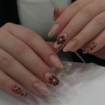 24Pcs Almond Press on Fake Nails 3D Flower - Hiddengem