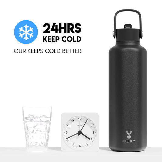 Black Meoky 24oz insulated stainless steel tumbler with handle, shown alongside ice water glass and clock, highlighting 24-hour cold retention.