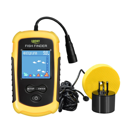 Portable yellow and black sonar fish finder with 2-inch LCD display and wired float sensor for underwater fish detection up to 100 meters.