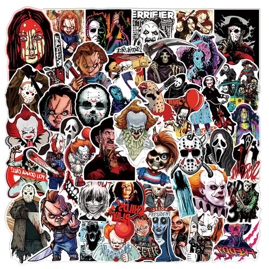 Collection of 100 mixed horror movie character stickers featuring iconic spooky and eerie designs for decoration