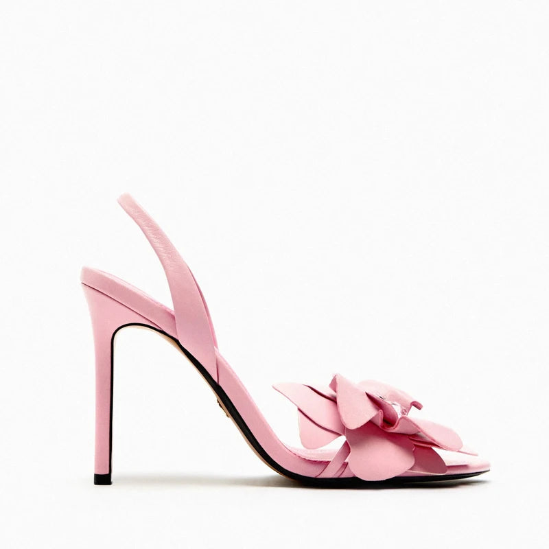 Pink Flower Decorated Goat Leather heels - Hiddengem