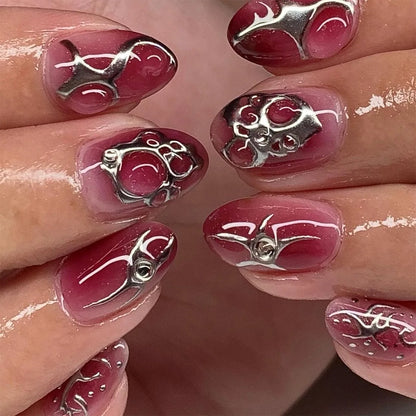 24Pcs Almond Press on Fake Nails 3D Flower - Hiddengem