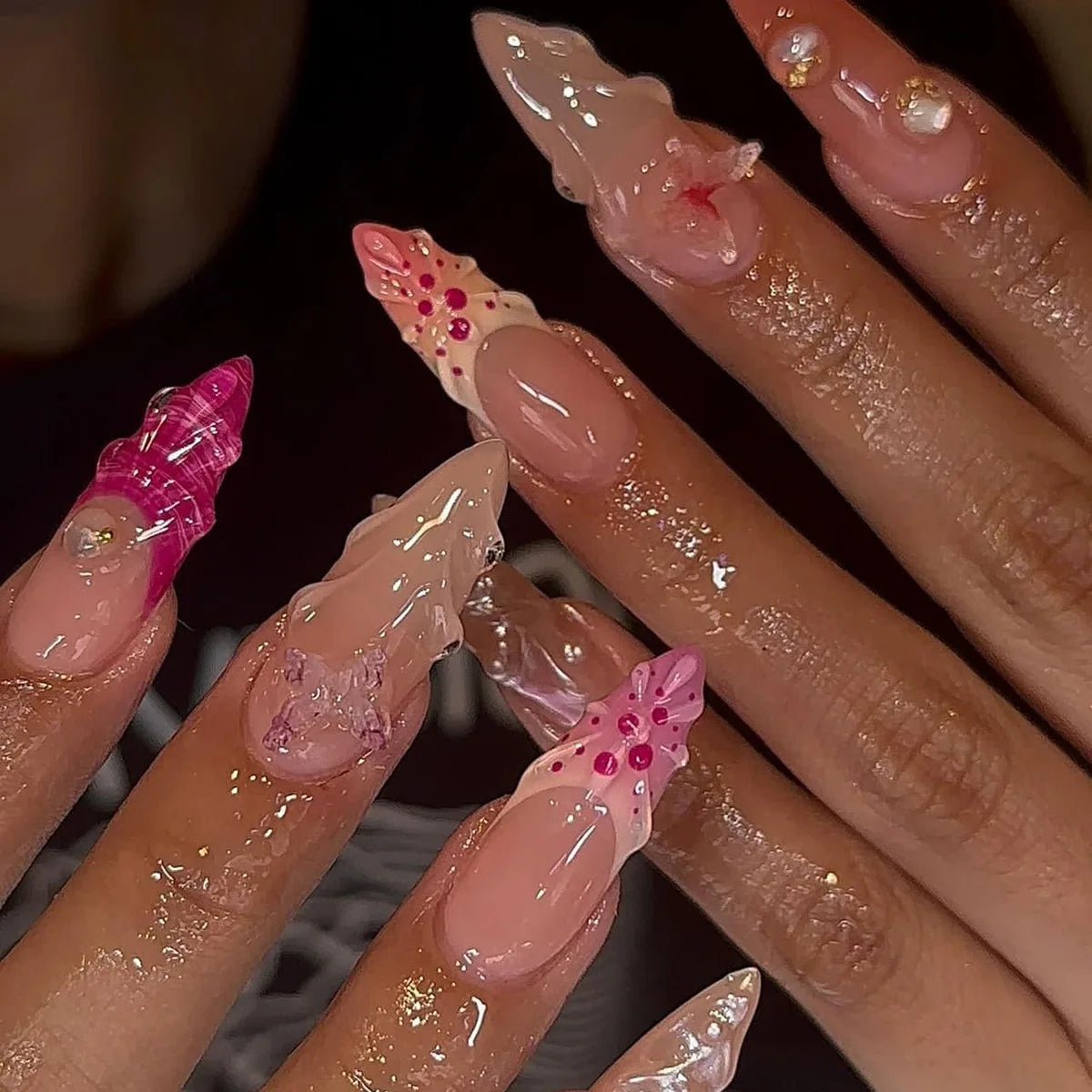 24Pcs Almond Press on Fake Nails 3D Flower - Hiddengem