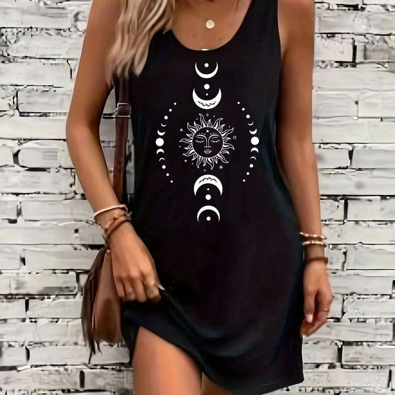 sun and moon pattern  sleeveless  dress punk style dress - Hiddengem