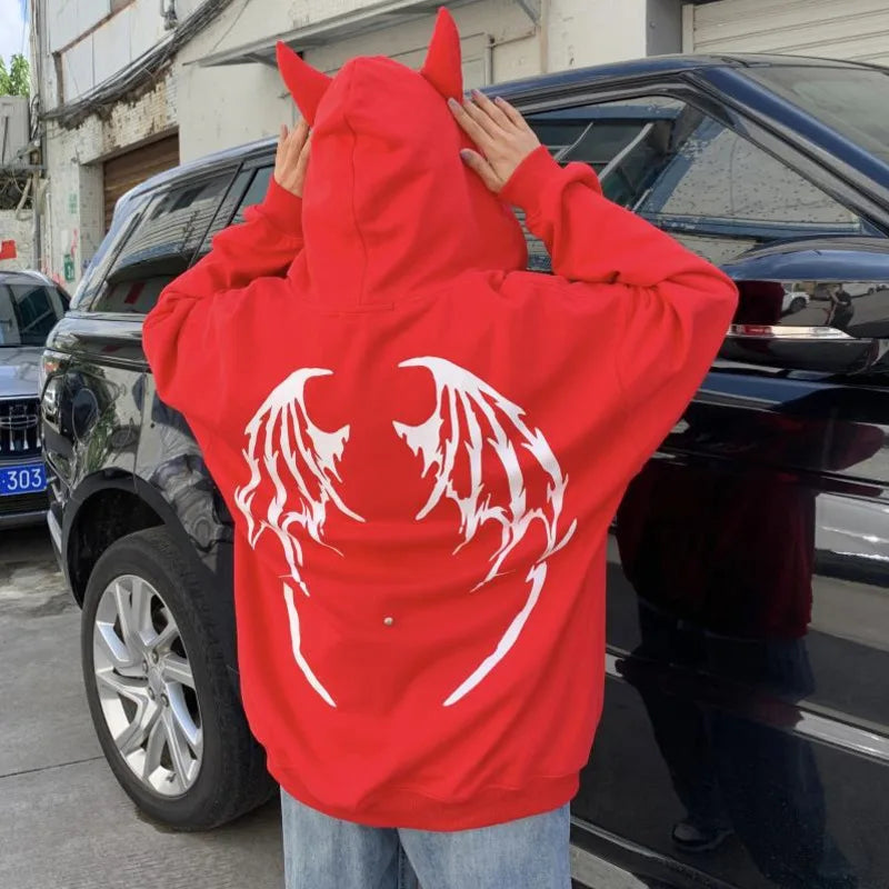 Harajuku Hoodies Women Gothic Devil Horn Hooded Sweatshirt - Hiddengem