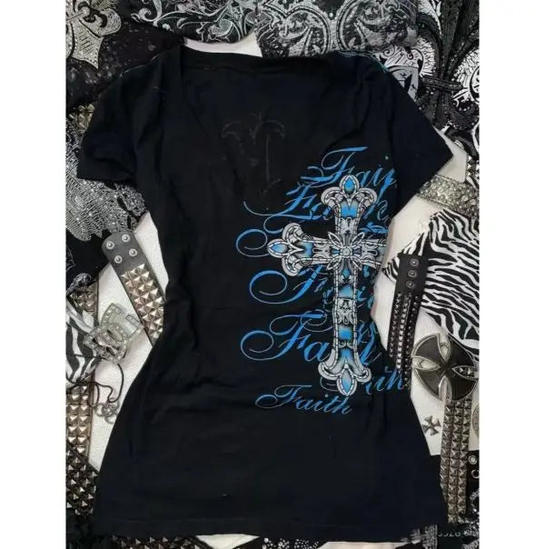 Streetwear Letter Cross Graphic T shirts - Hiddengem
