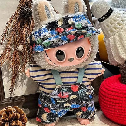 Labubu Clothing 15/17cm Fashion Printed Pants Fabric Clothing Cute Fashion Hat Overalls Toy For Labubu Accessories Birthday Gift