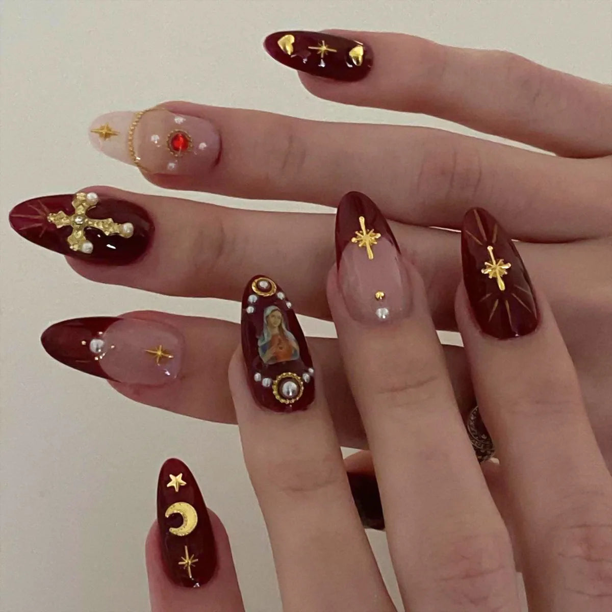 24Pcs Almond Press on Fake Nails 3D Flower - Hiddengem