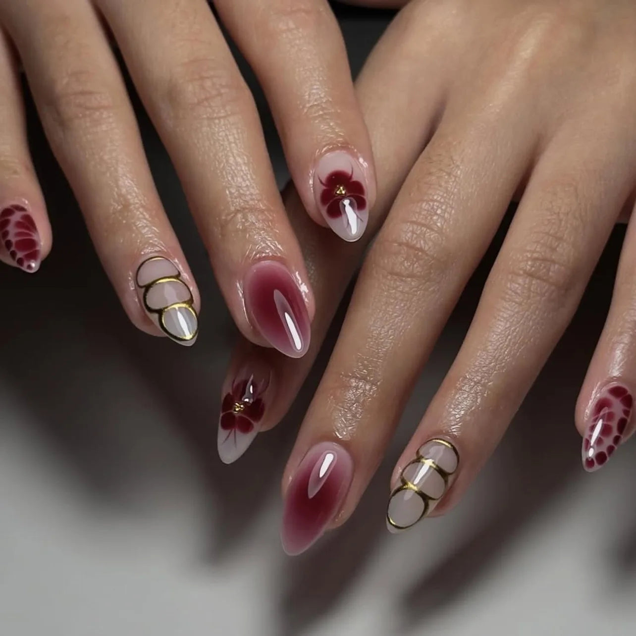 24Pcs Almond Press on Fake Nails 3D Flower - Hiddengem