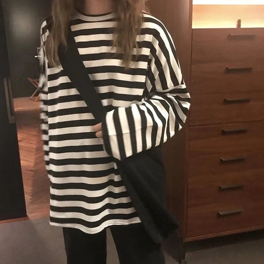 spring Autumn Women harajuku Striped Tshirt - Hiddengem
