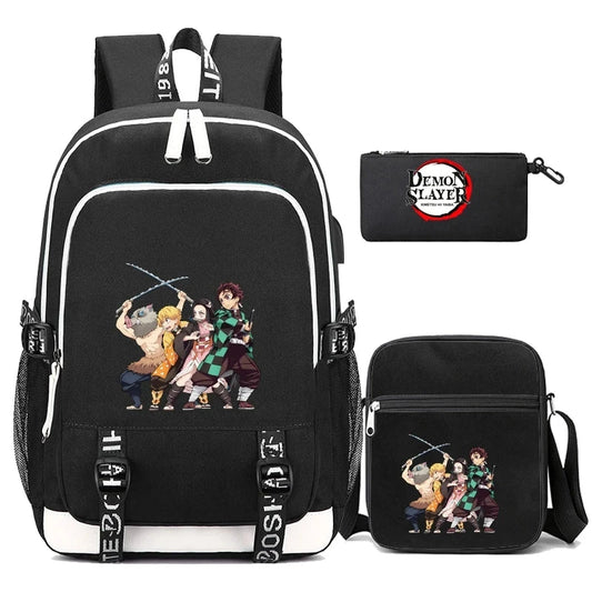 Black Demon Slayer backpack set with anime characters, includes school bag, shoulder bag, and pencil case, waterproof and USB compatible.