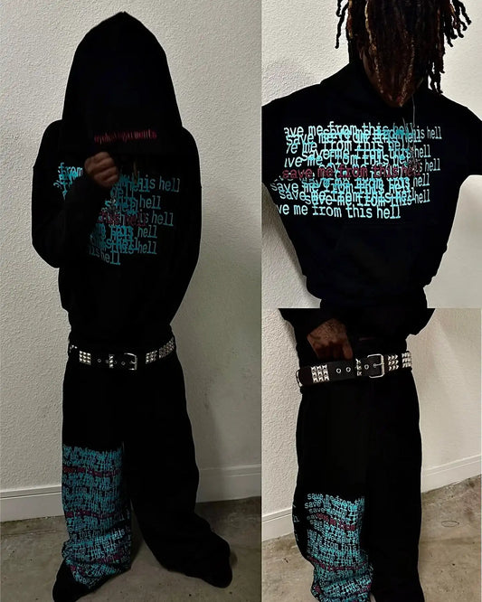Harajuku Rock Hip Hop Letter Embroidery Mens Sportswear Two Piece Set Clothes Sweatshirt Casual Sweatpants Oversized Hoodie