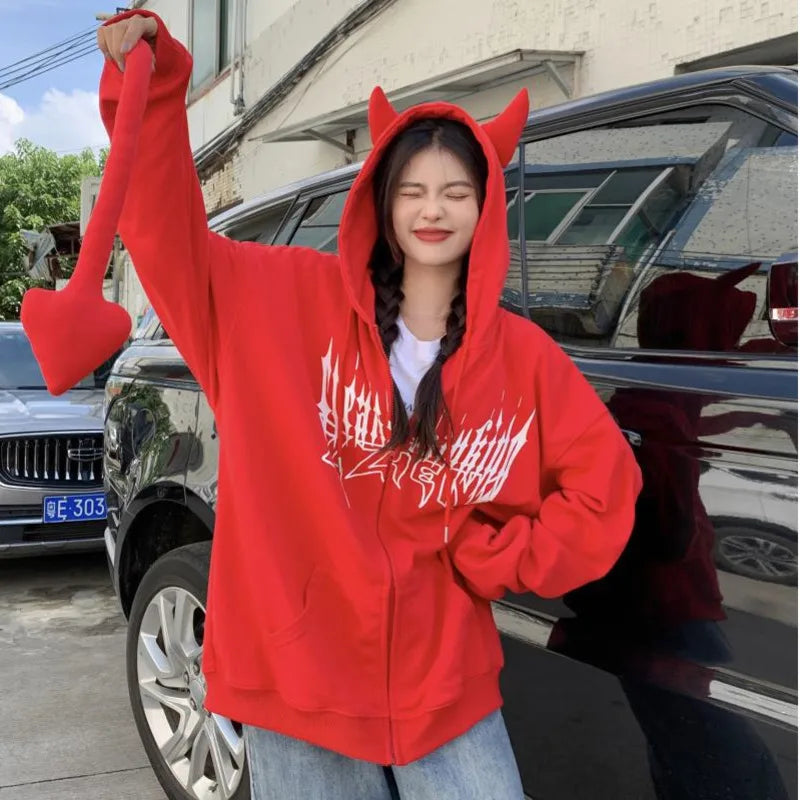 Harajuku Hoodies Women Gothic Devil Horn Hooded Sweatshirt - Hiddengem