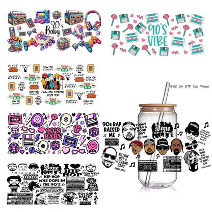 90s rap and hip hop themed UV DTF cup wraps with colorful and black retro designs for 16oz glass cups, waterproof and DIY adhesive stickers.